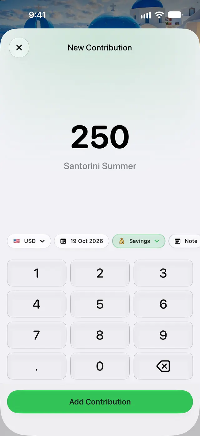 Goaley New Contribution screen with a keypad and the amount 250 entered for Santorini Summer