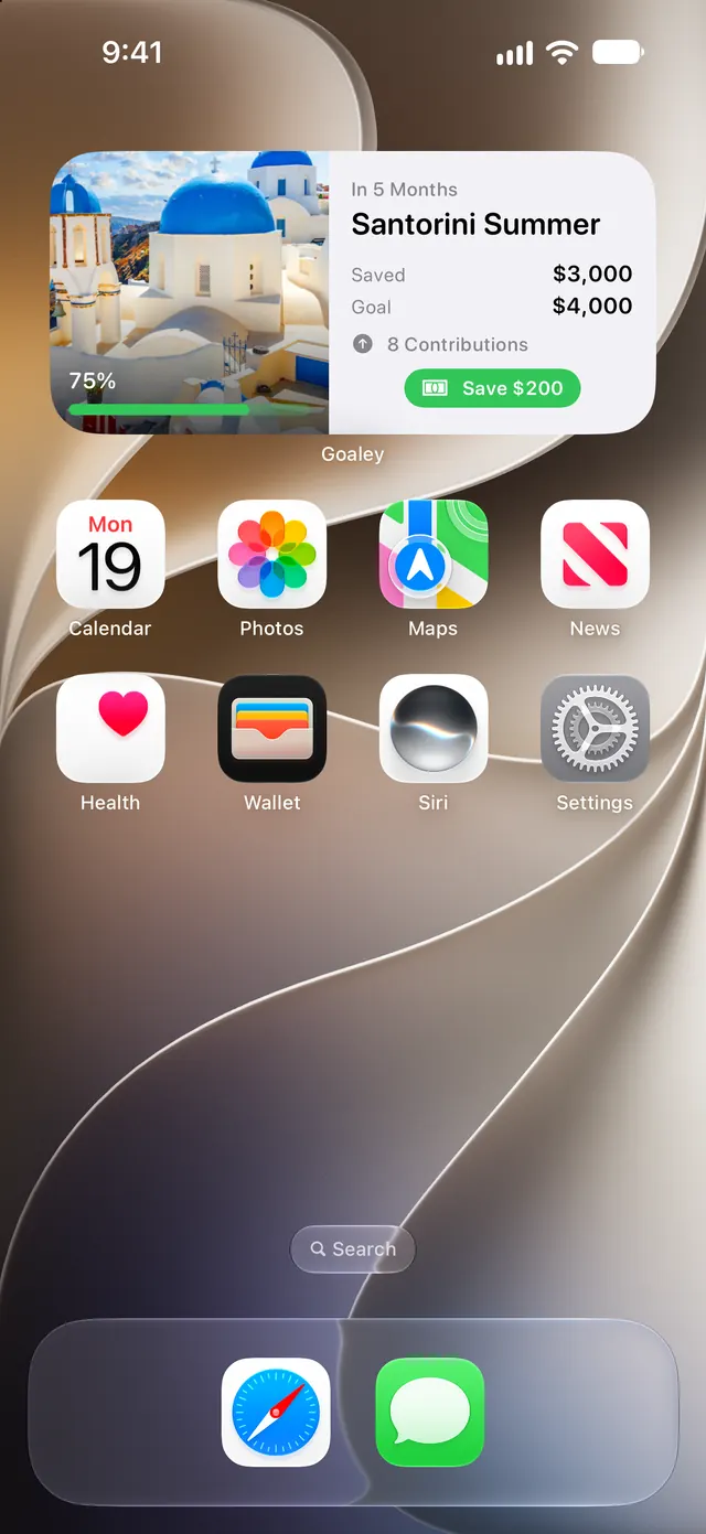 Goaley Home Screen widget for Santorini Summer showing $3,000 saved of $4,000, 75 percent, and a Save $200 button